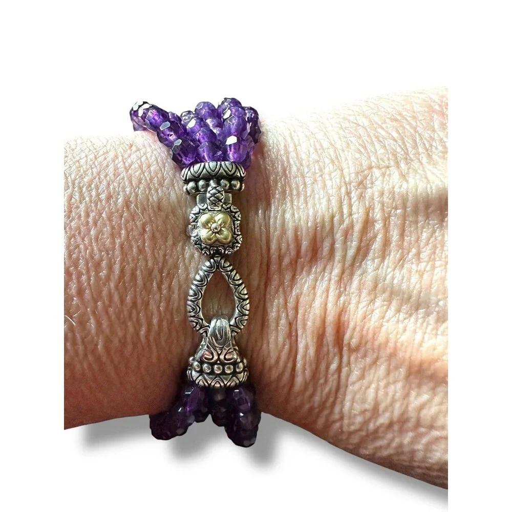 BRACELET BARBARA BIXBY AMETHYST GEMSTONE  FLOWER Multi-Strand SS 18K Box & Pouch